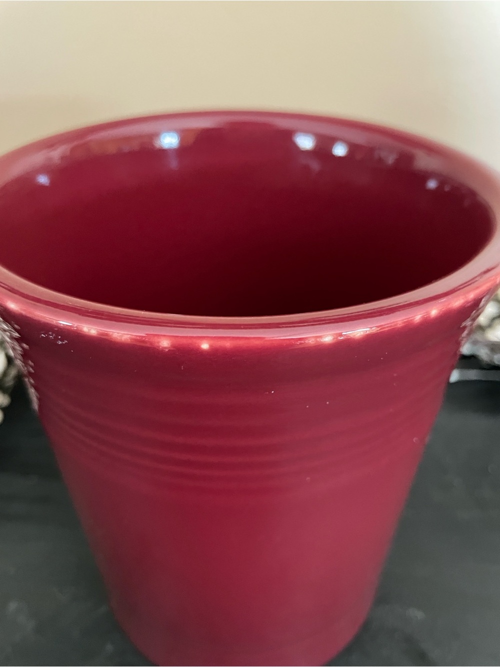 Vintage “fiesta” Homer Laughlin Cinnabar Utensil Crock - 6.5” tall, 5.5” Across